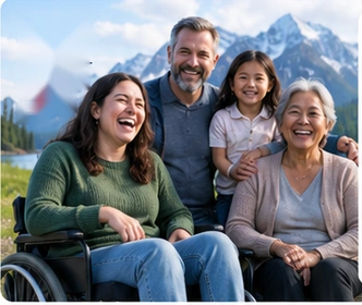 A smiling group including a woman using a wheelchair, a child, a man and an older woman, with mountains behind them.