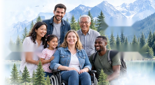 A diverse community group, including a woman using a wheelchair, beside a mountain lake. AI-created illustrative artwork; not actual FADC partners.