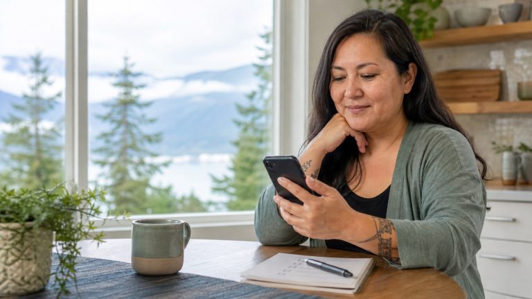 A British Columbia resident reviewing healthcare contact details at home while waiting for a family doctor