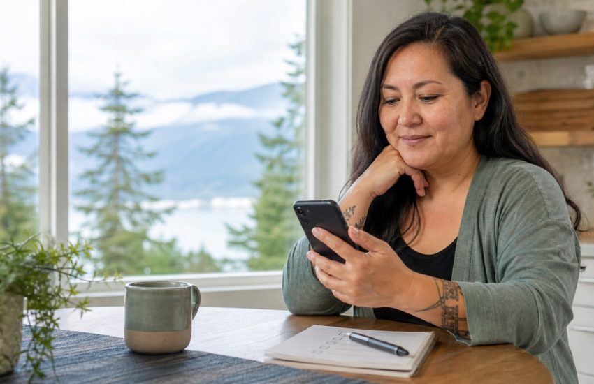 A British Columbia resident reviewing healthcare contact details at home while waiting for a family doctor