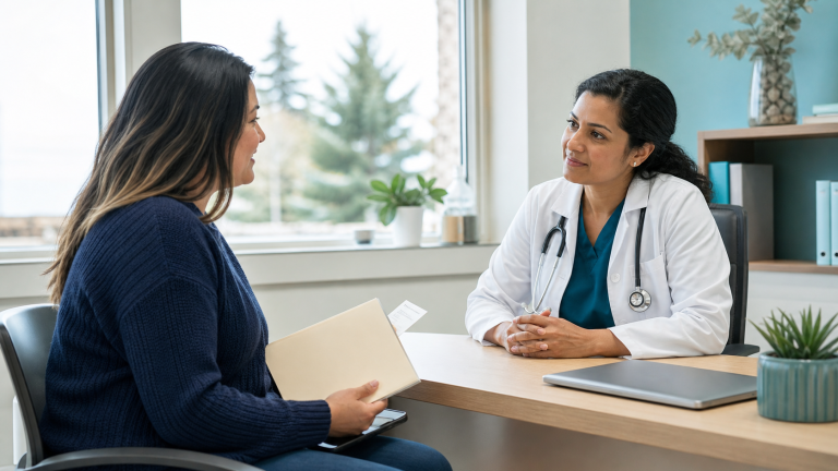 Patient bringing a health-summary folder to a first appointment with a family doctor in a bright clinic