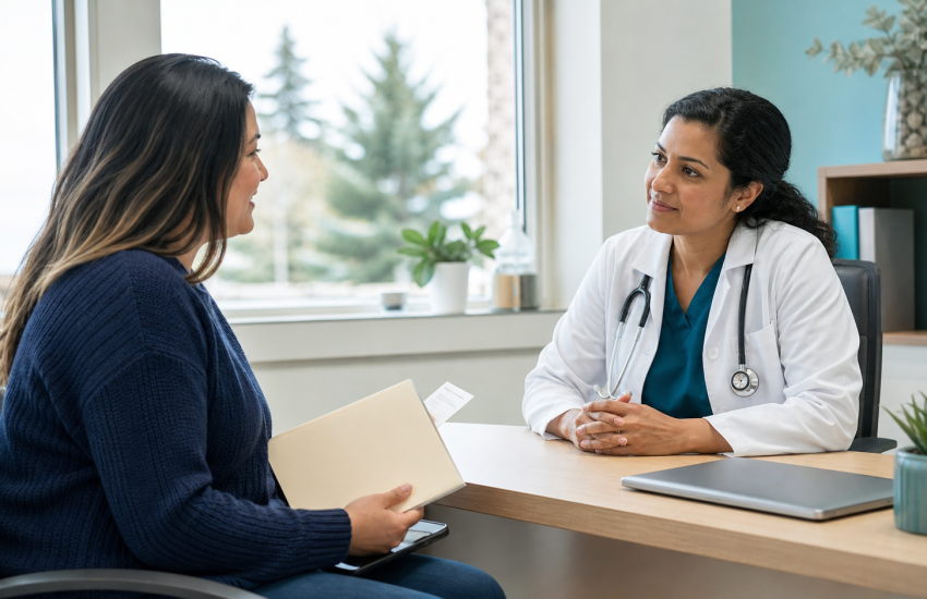 Patient bringing a health-summary folder to a first appointment with a family doctor in a bright clinic