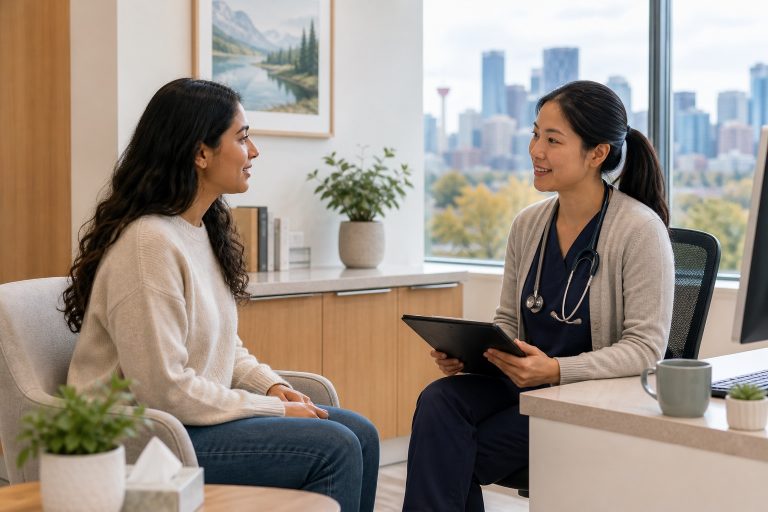 Un patient de Calgary discutant des options de soins primaires avec un m&eacute;decin de famille