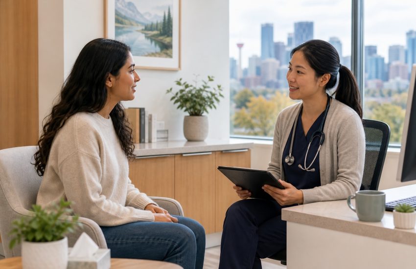 Un patient de Calgary discutant des options de soins primaires avec un médecin de famille