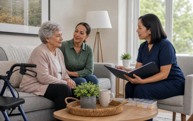 An older adult and her caregiver planning coordinated care with a community nurse