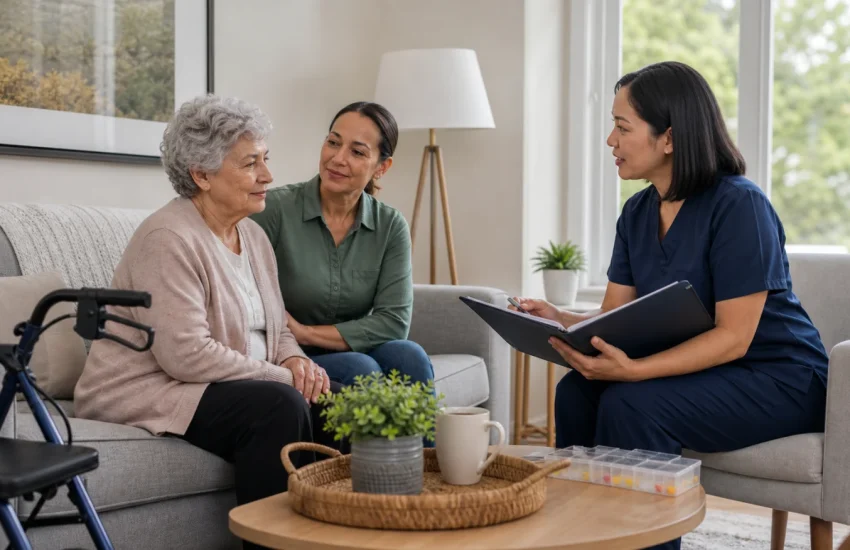 An older adult and her caregiver planning coordinated care with a community nurse