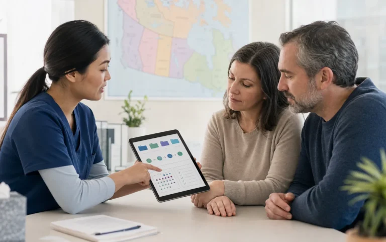 A care navigator explaining provincial doctor registry and waitlist steps to two patients