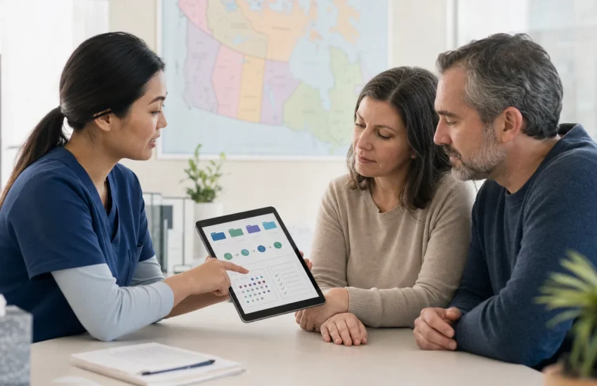 A care navigator explaining provincial doctor registry and waitlist steps to two patients