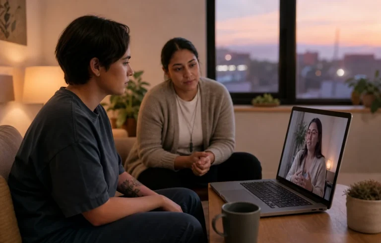 A young adult accessing virtual mental health counselling with support from a community navigator