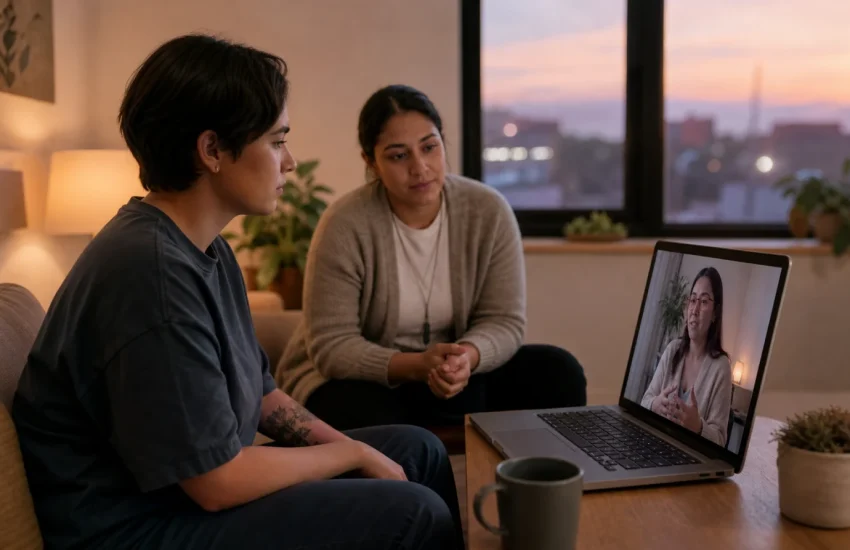 A young adult accessing virtual mental health counselling with support from a community navigator