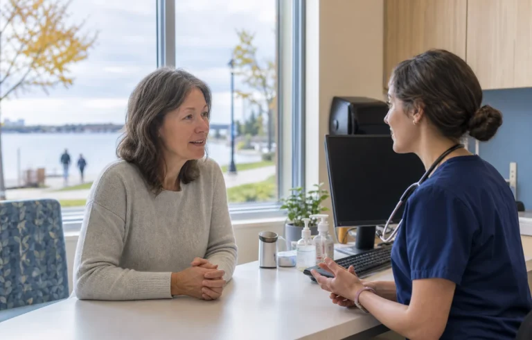 A Barrie patient discussing primary care options with a nurse near the waterfront