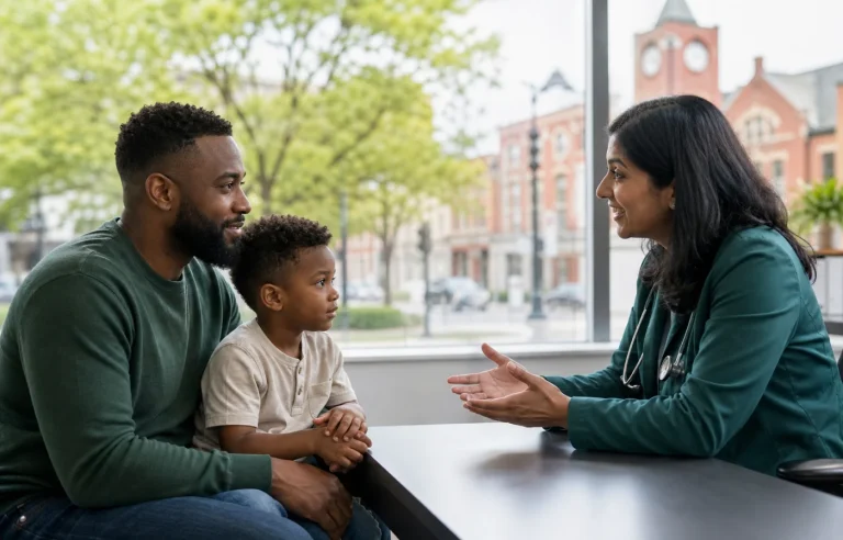 A Brampton father and child meeting with a family physician in a neighbourhood clinic