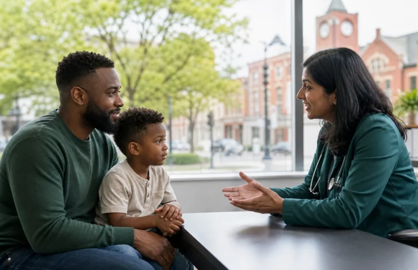 A Brampton father and child meeting with a family physician in a neighbourhood clinic