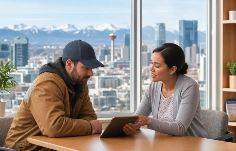 A Calgary patient reviewing primary care options with a clinic navigator