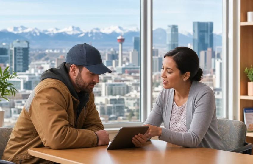 A Calgary patient reviewing primary care options with a clinic navigator