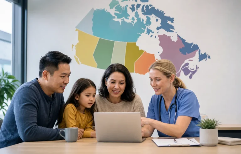 A Canadian family using a national care-navigation guide with a nurse