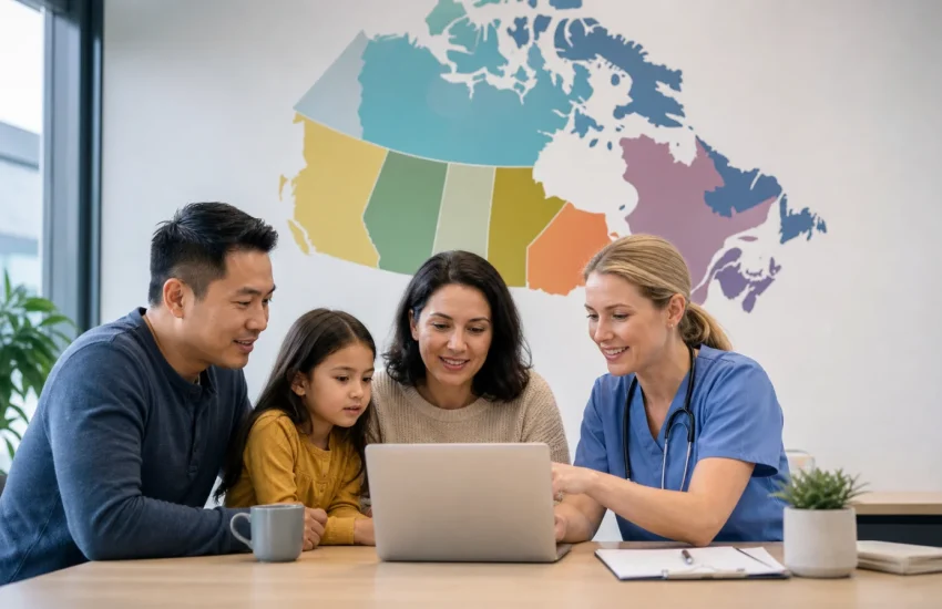 A Canadian family using a national care-navigation guide with a nurse