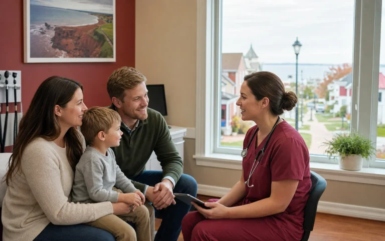 A Charlottetown family speaking with a nurse in a coastal community clinic