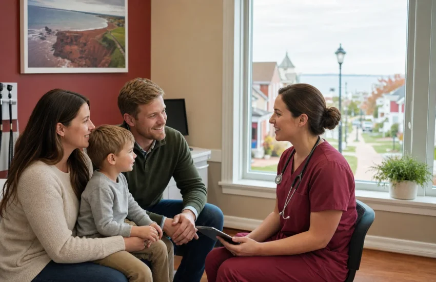 A Charlottetown family speaking with a nurse in a coastal community clinic