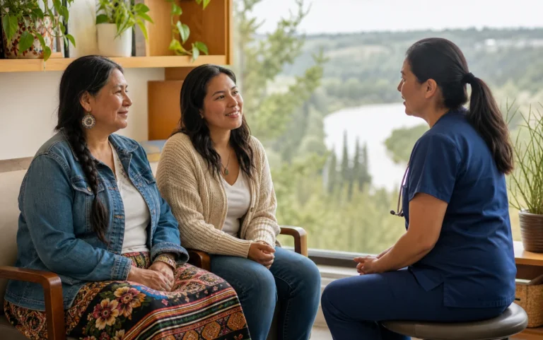 An Edmonton family discussing primary care pathways with a community health nurse