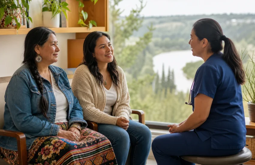 An Edmonton family discussing primary care pathways with a community health nurse