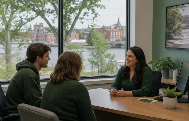 A Fredericton family consulting a bilingual primary care coordinator by the river