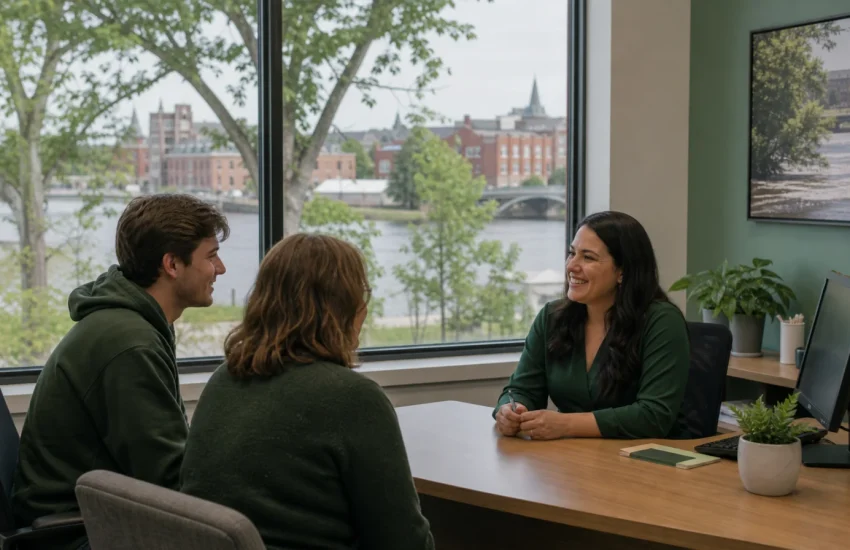 A Fredericton family consulting a bilingual primary care coordinator by the river