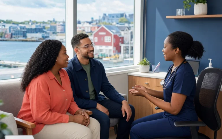A Halifax couple meeting a nurse practitioner in a harbour-facing community clinic