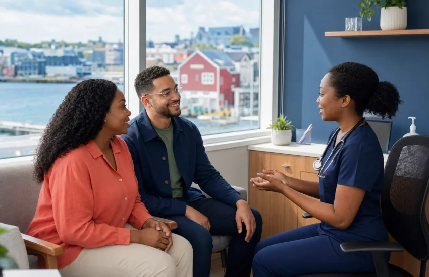 A Halifax couple meeting a nurse practitioner in a harbour-facing community clinic