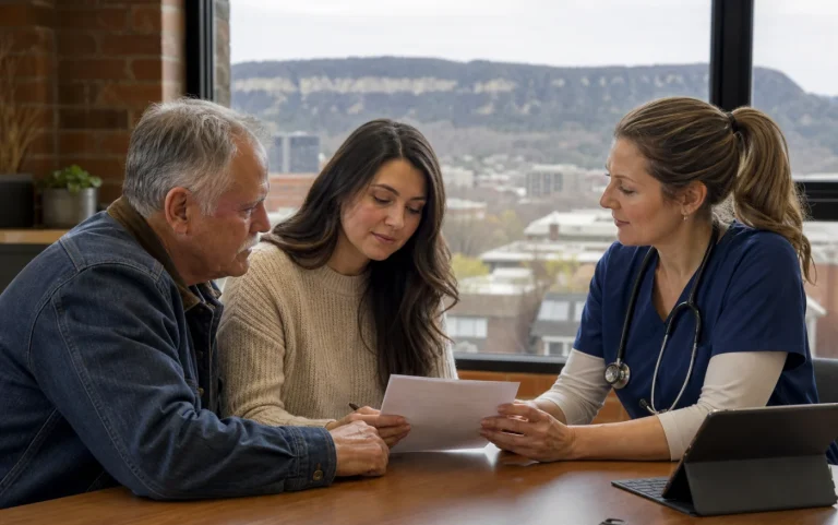 A Hamilton patient and caregiver reviewing care options with a nurse practitioner