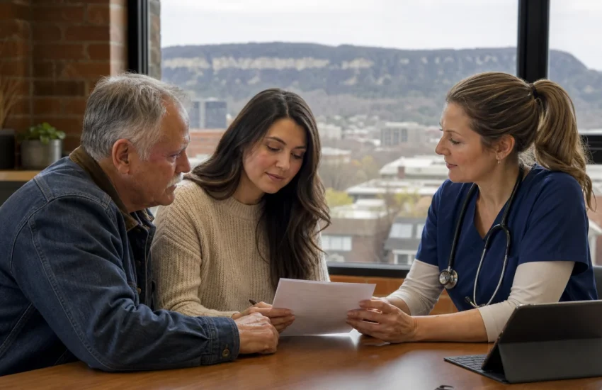 A Hamilton patient and caregiver reviewing care options with a nurse practitioner