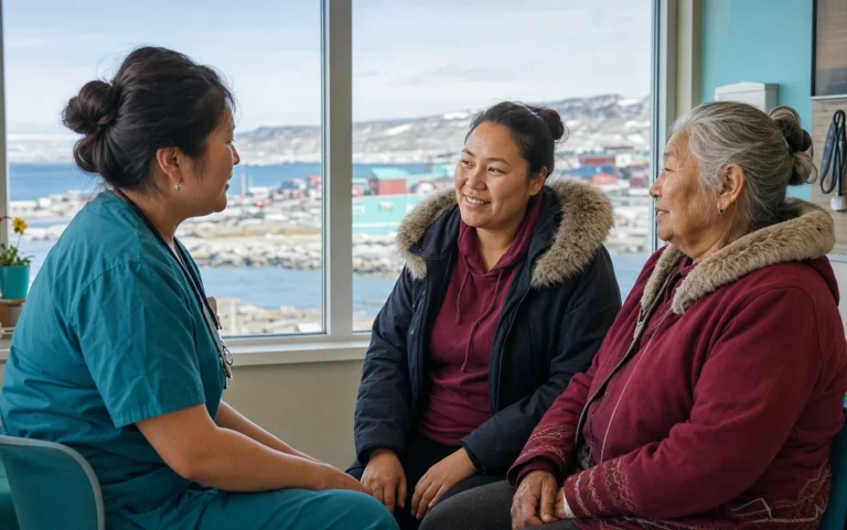 An Inuit family meeting an Inuit community health nurse in Iqaluit