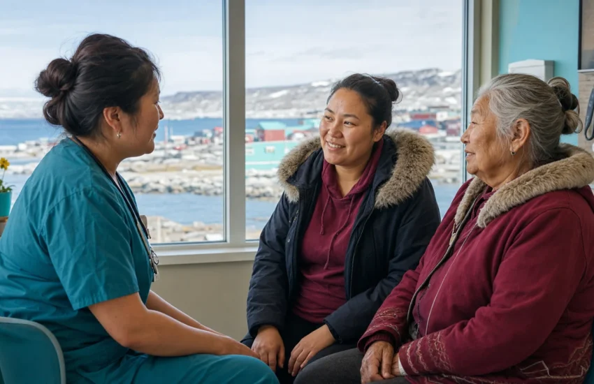 An Inuit family meeting an Inuit community health nurse in Iqaluit