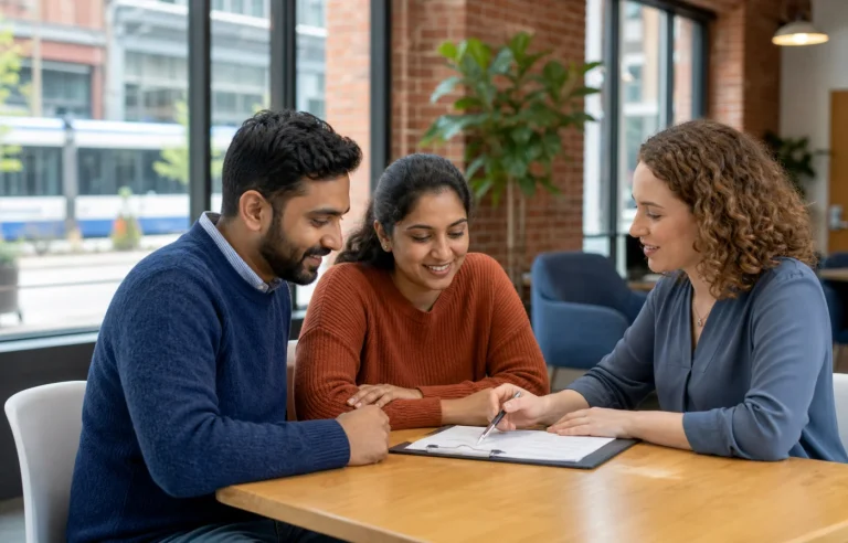 A newcomer couple reviewing clinic intake steps with a Kitchener care coordinator