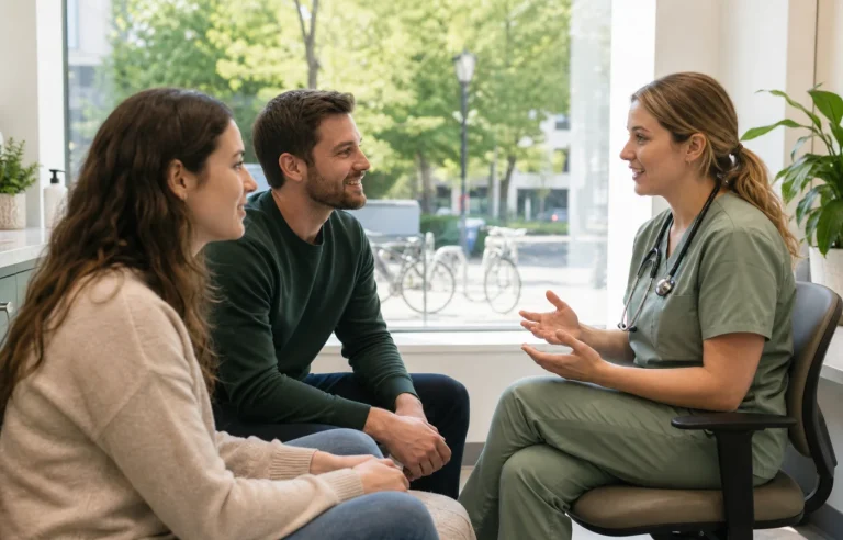 A London Ontario couple speaking with a nurse practitioner in a community clinic