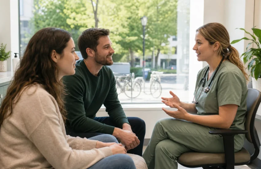 A London Ontario couple speaking with a nurse practitioner in a community clinic