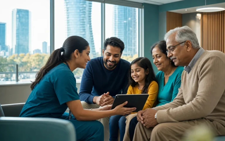A multigenerational Mississauga family using a clinic intake tablet with a nurse
