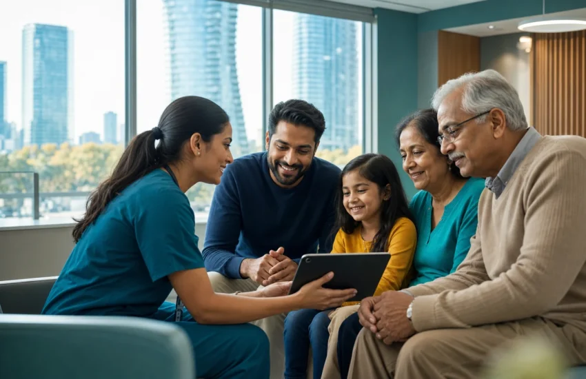 A multigenerational Mississauga family using a clinic intake tablet with a nurse