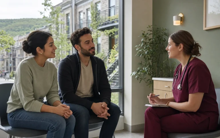 A Montreal couple speaking with a nurse practitioner in a neighbourhood clinic