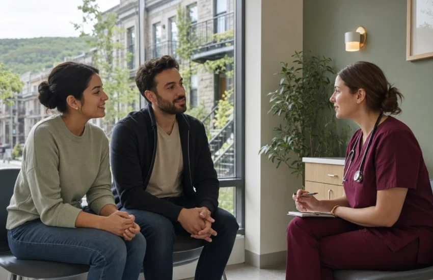 A Montreal couple speaking with a nurse practitioner in a neighbourhood clinic