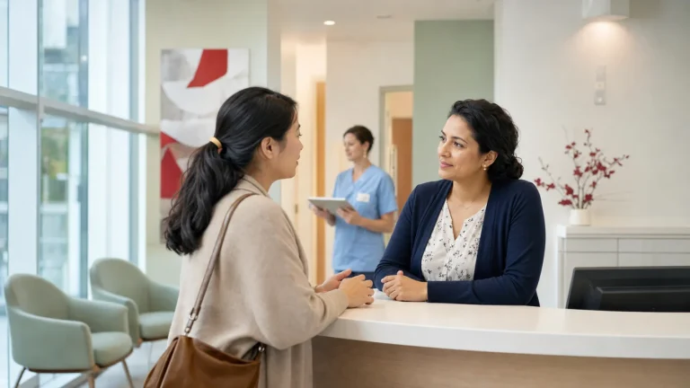 A patient speaking with a healthcare navigator at an Ontario community health centre