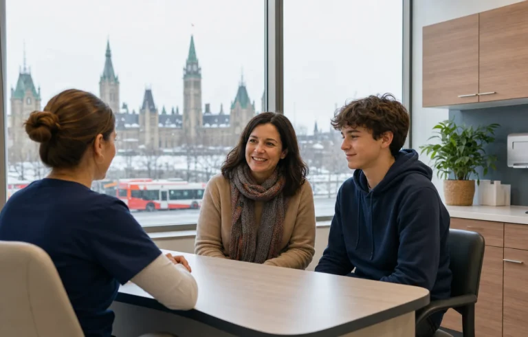 An Ottawa parent and teenager meeting a nurse navigator near Parliament Hill