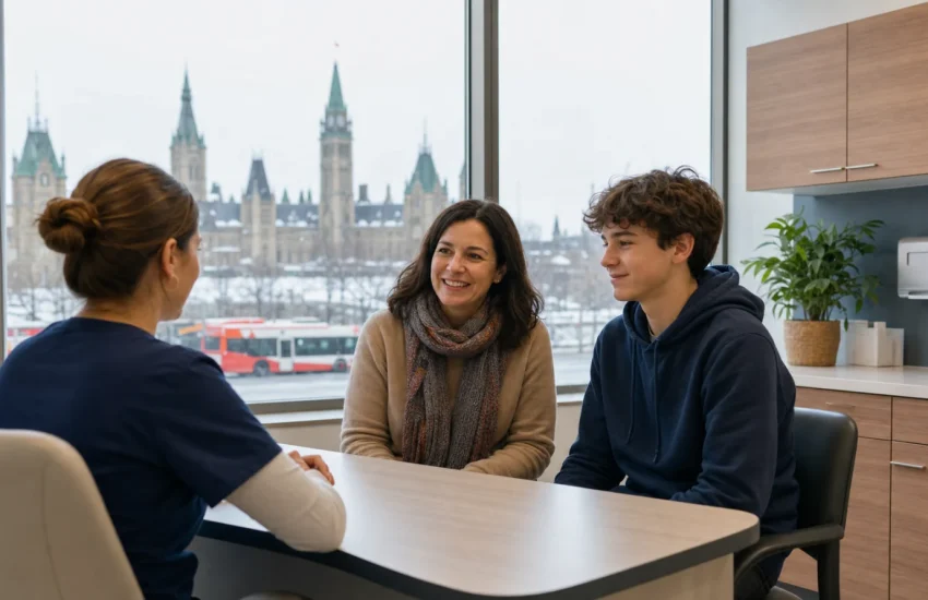 An Ottawa parent and teenager meeting a nurse navigator near Parliament Hill