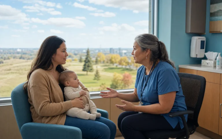 A Regina parent and infant discussing primary care with a public health nurse