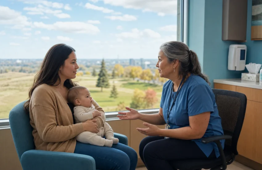A Regina parent and infant discussing primary care with a public health nurse