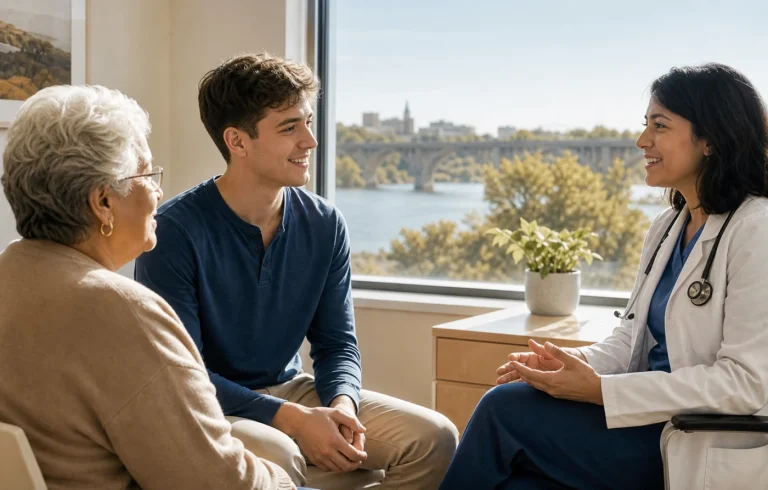 A Saskatoon family meeting a physician beside the South Saskatchewan River