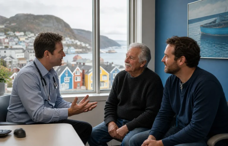 A St. John’s family meeting a physician above the colourful harbour