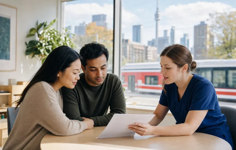 A Toronto couple reviewing family doctor options with a nurse practitioner