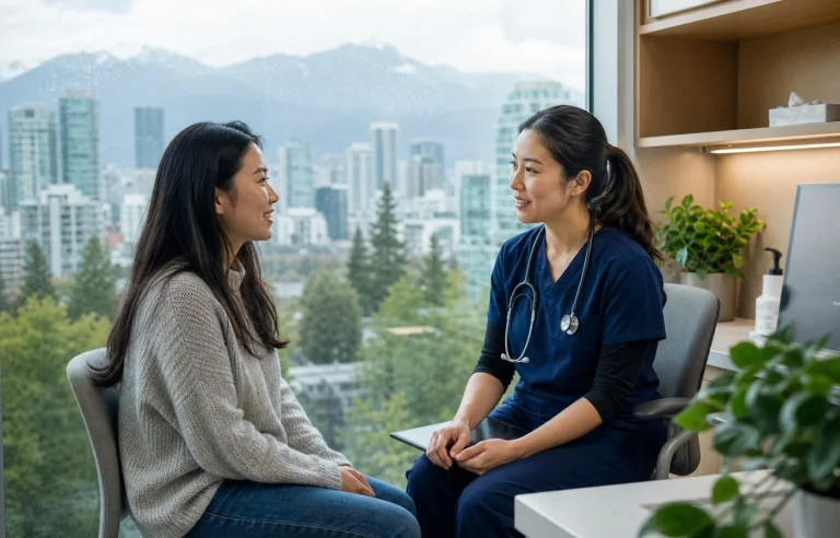 A Vancouver patient meeting a nurse practitioner with mountains beyond the clinic