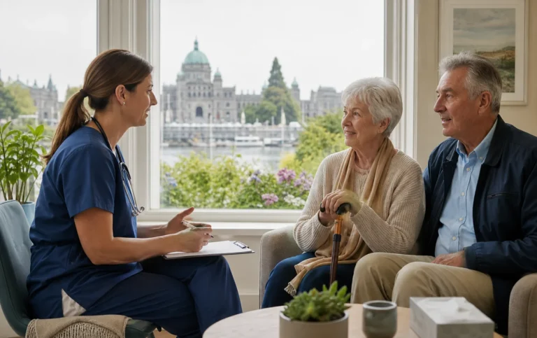 A Victoria couple discussing primary care in a harbour-facing clinic